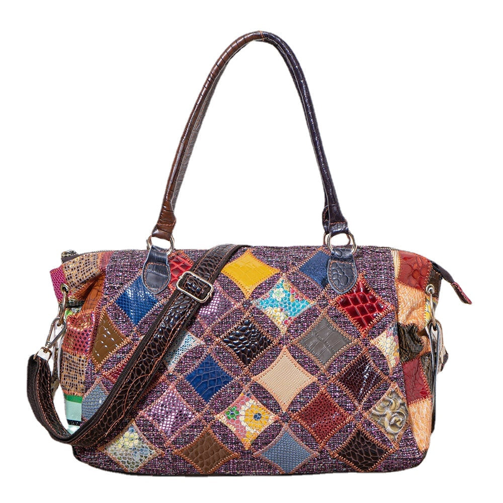 Women Genuine Leather Colored Lattice Pattern Handbags Large-capacity Tote Shoulder Bag Image 1