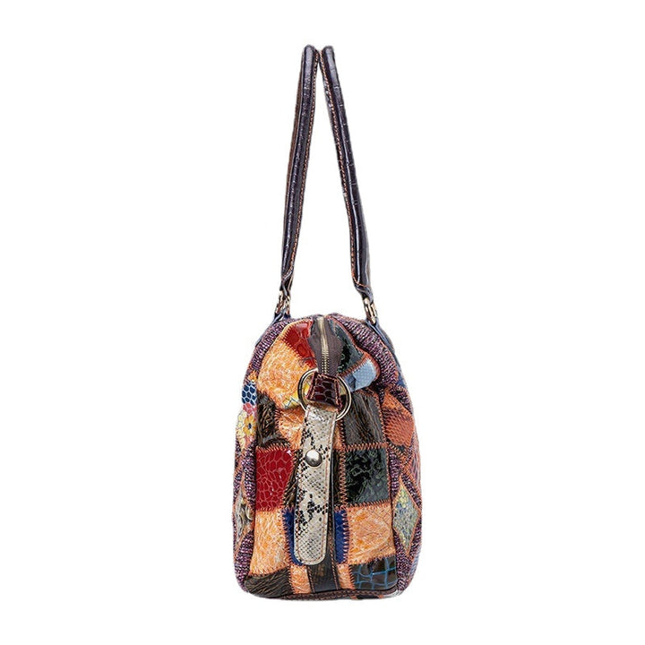 Women Genuine Leather Colored Lattice Pattern Handbags Large-capacity Tote Shoulder Bag Image 3