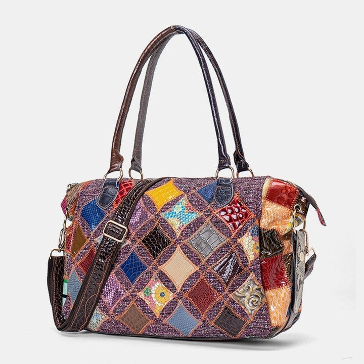 Women Genuine Leather Colored Lattice Pattern Handbags Large-capacity Tote Shoulder Bag Image 4