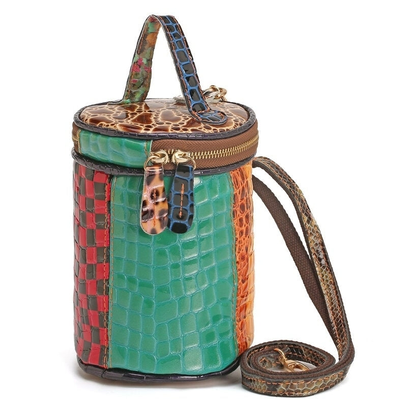 women genuine leather patchwork bucket bag crossbody bag Image 1