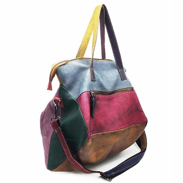 Women Genuine Leather Cowhide Handbag Crossbody Retro Handmade Stitching Bag Image 6