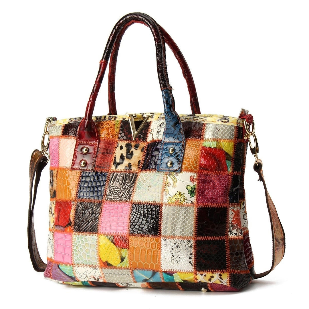 Women Genuine Leather Vintage Tote Handbag Large Capacity Stitching Crossbody Bag Image 1