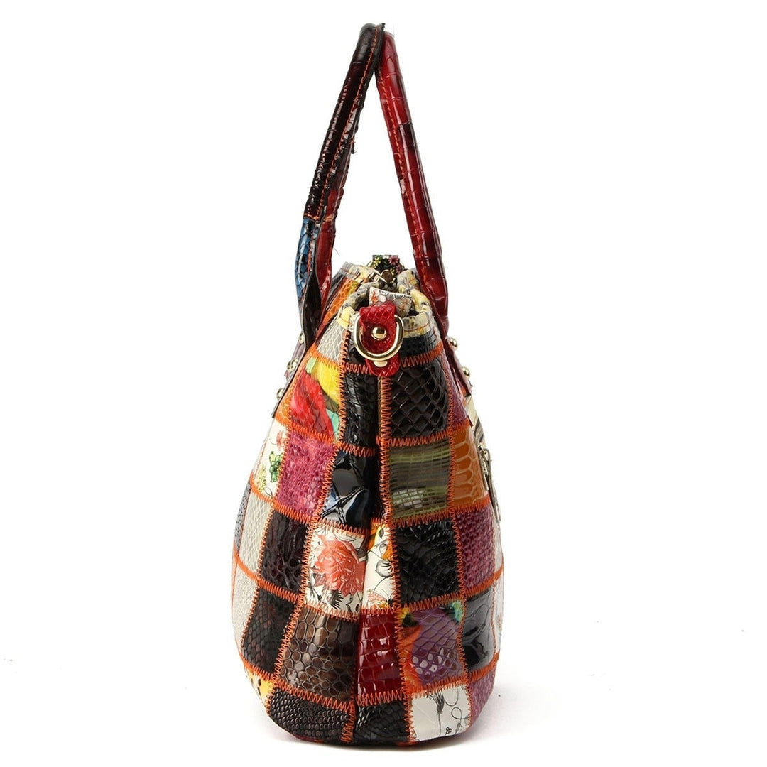 Women Genuine Leather Vintage Tote Handbag Large Capacity Stitching Crossbody Bag Image 2