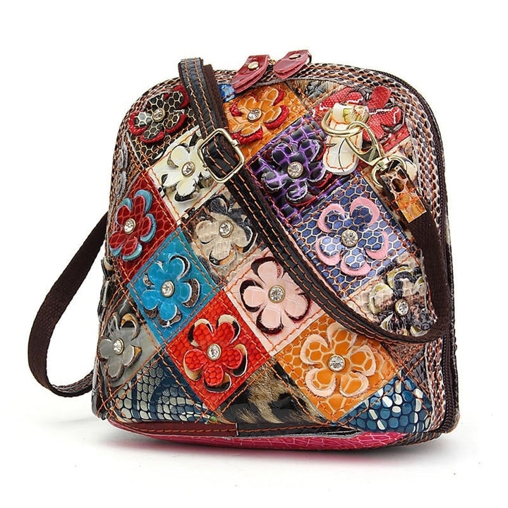 Women Genuine Leather Patchwork Floral Crossbody Bag Shoulder Bag Image 6