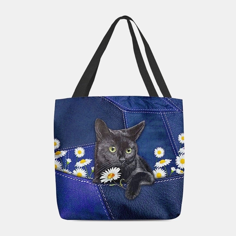 Women Felt Cute 3D Three-dimensional Black Cat Daisy Pattern Shoulder Bag Handbag Tote- PPT DTTT Image 1