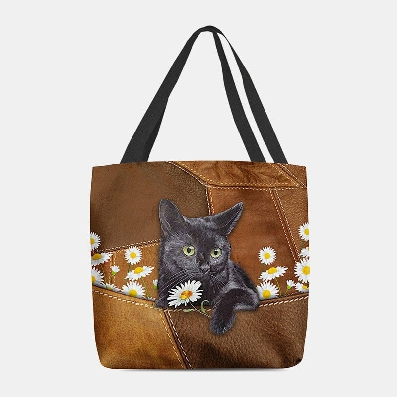 Women Felt Cute 3D Three-dimensional Black Cat Daisy Pattern Shoulder Bag Handbag Tote- PPT DTTT Image 2