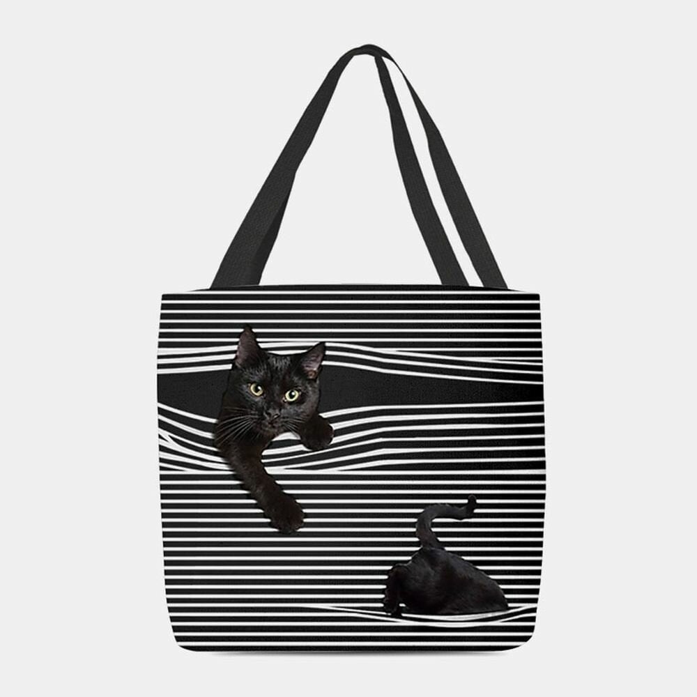 Women Felt Cute 3D Three-dimensional Black Cat Stripes Pattern Shoulder Bag Handbag Tote- PPT DTTT Image 1