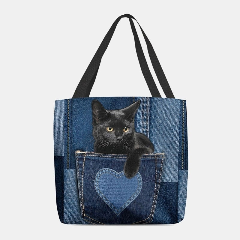 Women Felt Cute 3D Three-dimensional Black Cat Inside Jeans Pattern Shoulder Bag Handbag Tote Image 1