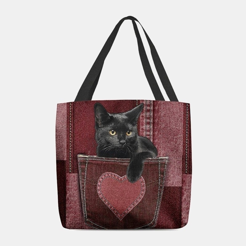 Women Felt Cute 3D Three-dimensional Black Cat Inside Jeans Pattern Shoulder Bag Handbag Tote Image 2