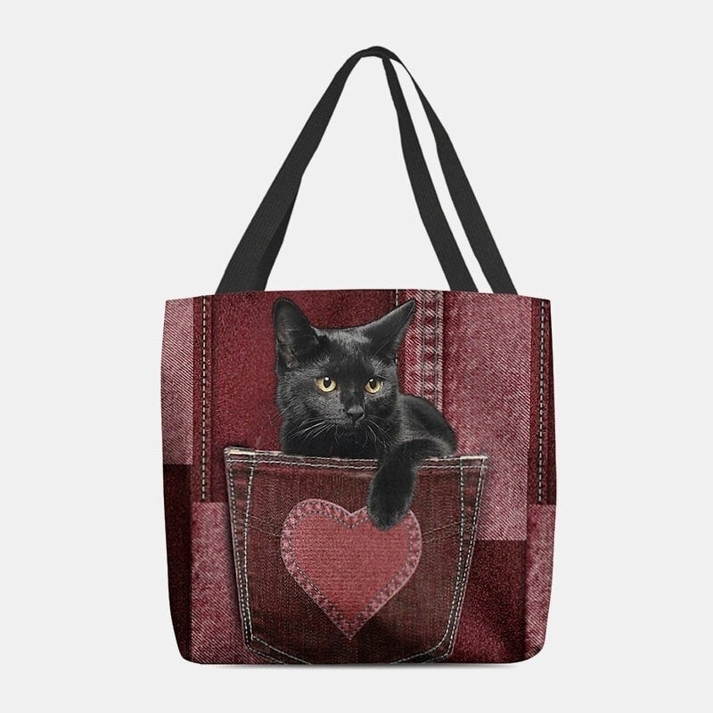 Women Felt Cute 3D Three-dimensional Black Cat Inside Jeans Pattern Shoulder Bag Handbag Tote DTTT Image 1