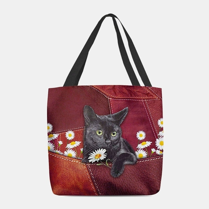 Women Felt Cute 3D Three-dimensional Black Cat Daisy Pattern Shoulder Bag Handbag Tote- PPT DTTT Image 3