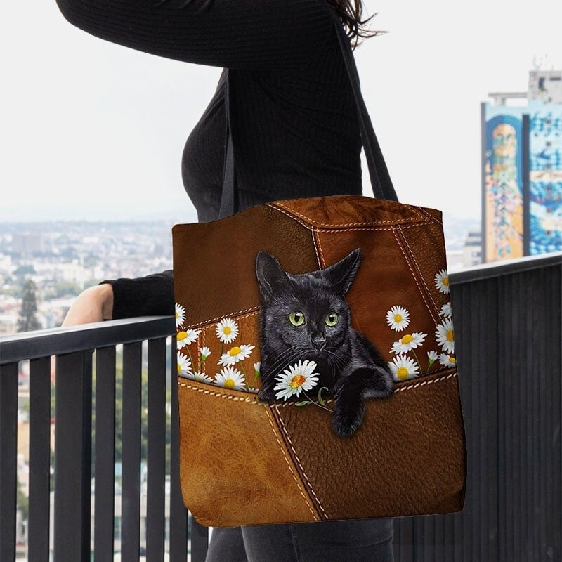 Women Felt Cute 3D Three-dimensional Black Cat Daisy Pattern Shoulder Bag Handbag Tote- PPT DTTT Image 4