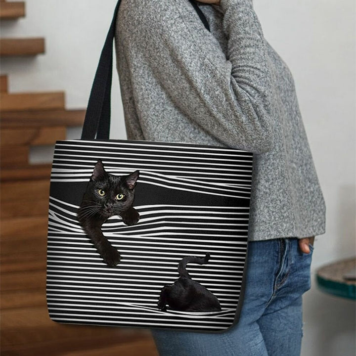 Women Felt Cute 3D Three-dimensional Black Cat Stripes Pattern Shoulder Bag Handbag Tote- PPT Image 4