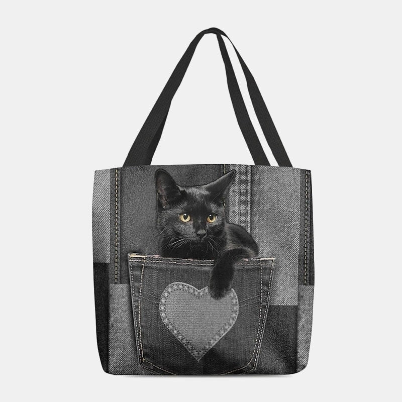 Women Felt Cute 3D Three-dimensional Black Cat Inside Jeans Pattern Shoulder Bag Handbag Tote Image 3