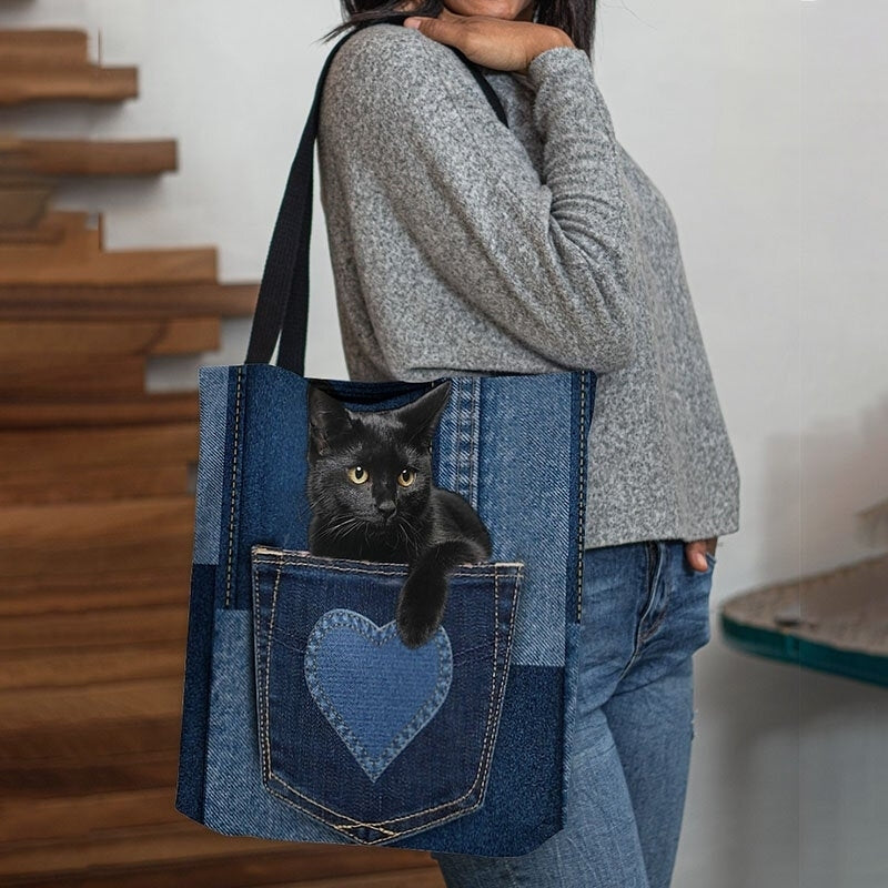 Women Felt Cute 3D Three-dimensional Black Cat Inside Jeans Pattern Shoulder Bag Handbag Tote Image 4