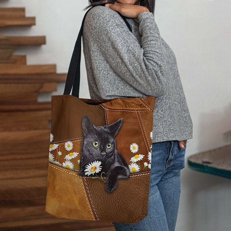 Women Felt Cute 3D Three-dimensional Black Cat Daisy Pattern Shoulder Bag Handbag Tote- PPT DTTT Image 4