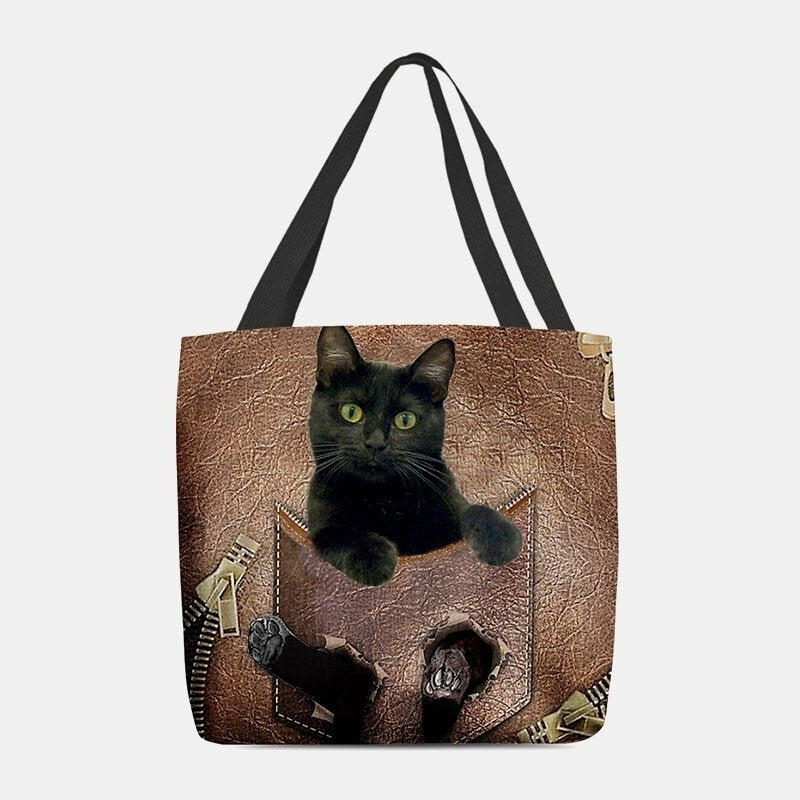 Women Felt Cute 3D Three-dimensional Cartoon Black Cat Pattern Shoulder Bag Handbag Tote- PPT DTTT Image 1