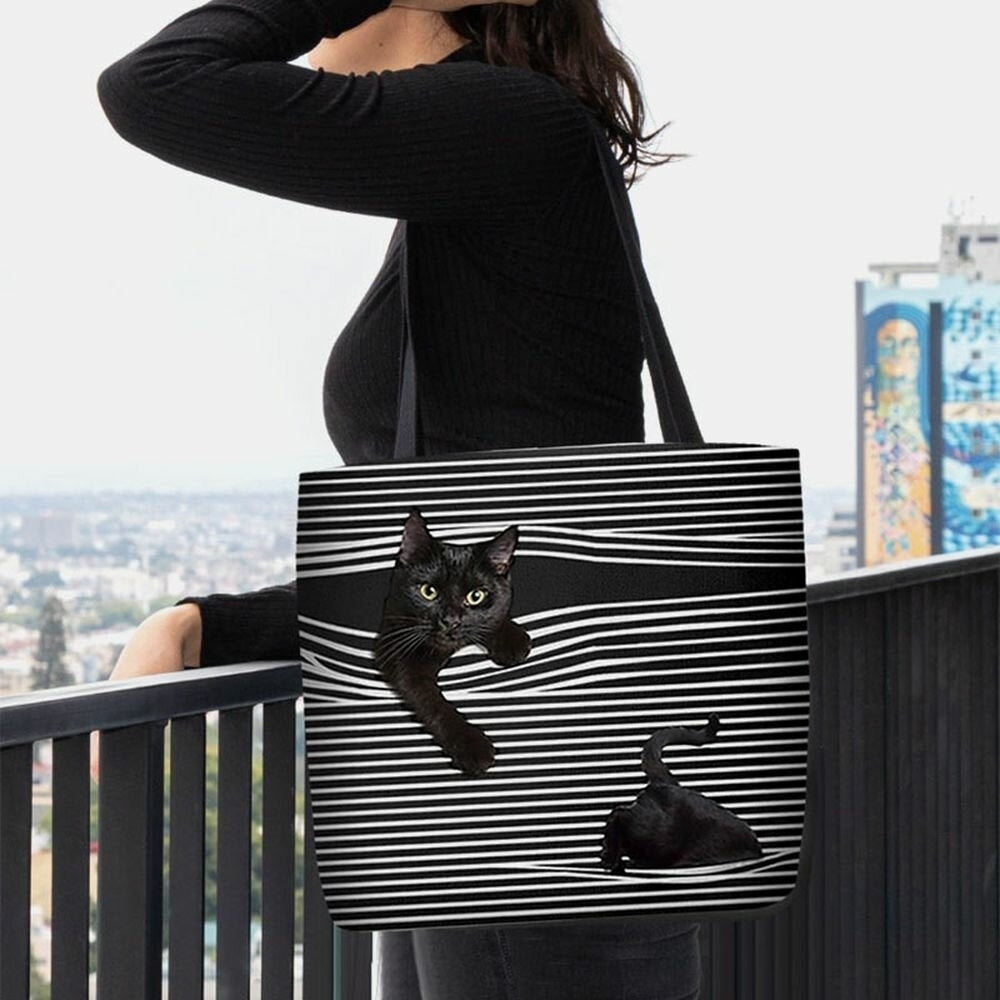 Women Felt Cute 3D Three-dimensional Black Cat Stripes Pattern Shoulder Bag Handbag Tote- PPT Image 4