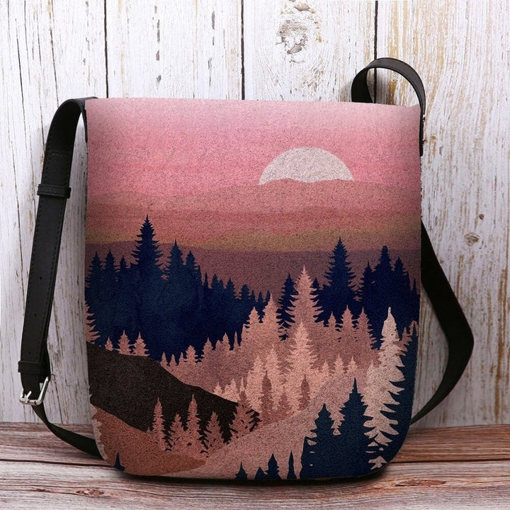 Women Felt Ladies Mountain Treetop Print Pattern Multi-carry Personality Shoulder Bag Crossbody Bag- PPT DTTT Image 1