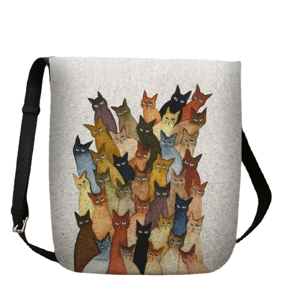 Women Felt Cute Cartoon Cats Print Casual Shoulder Bag Crossbody Bag DTTT Image 6