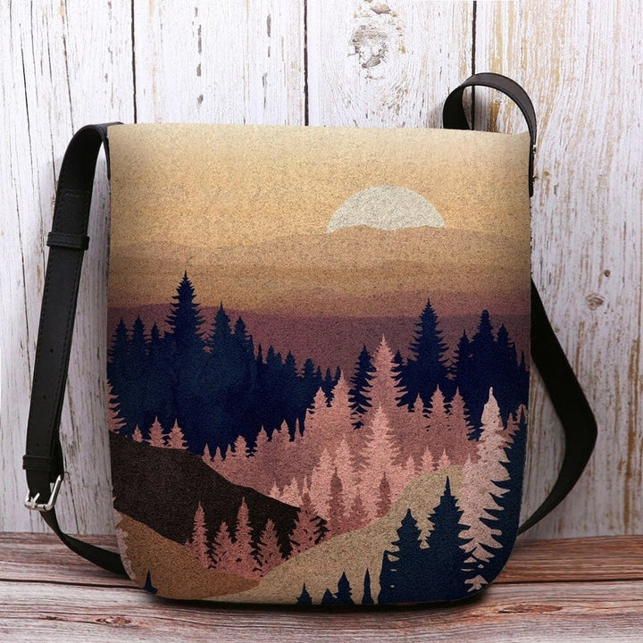 Women Felt Ladies Mountain Treetop Print Pattern Multi-carry Personality Shoulder Bag Crossbody Bag- PPT DTTT Image 1