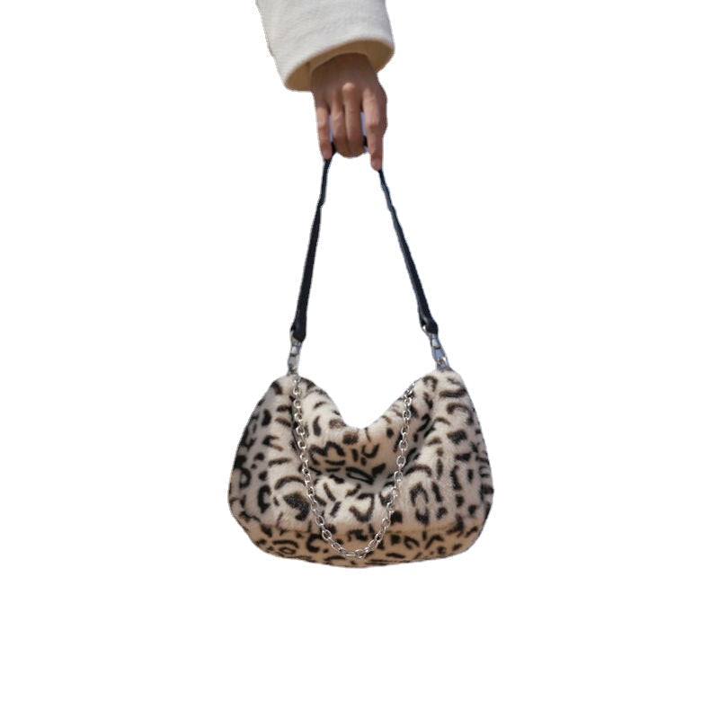 Women Felt Soft Leopard Pattern Underarm Mini All-match Handbag Shoulder Bag Image 6