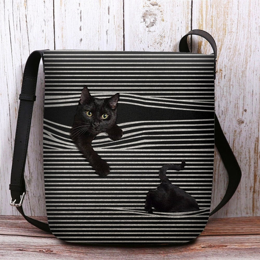 Women Felt Stripe Pattern Three-dimensional Vision Cat Print Shoulder Bag Crossbody Bag DTTT Image 6