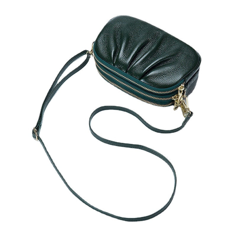 Women Genuine Leather 3 Zipper Pocket Fold Design Crossbody Bag Image 3
