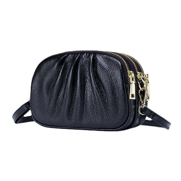 Women Genuine Leather 3 Zipper Pocket Fold Design Crossbody Bag Image 6