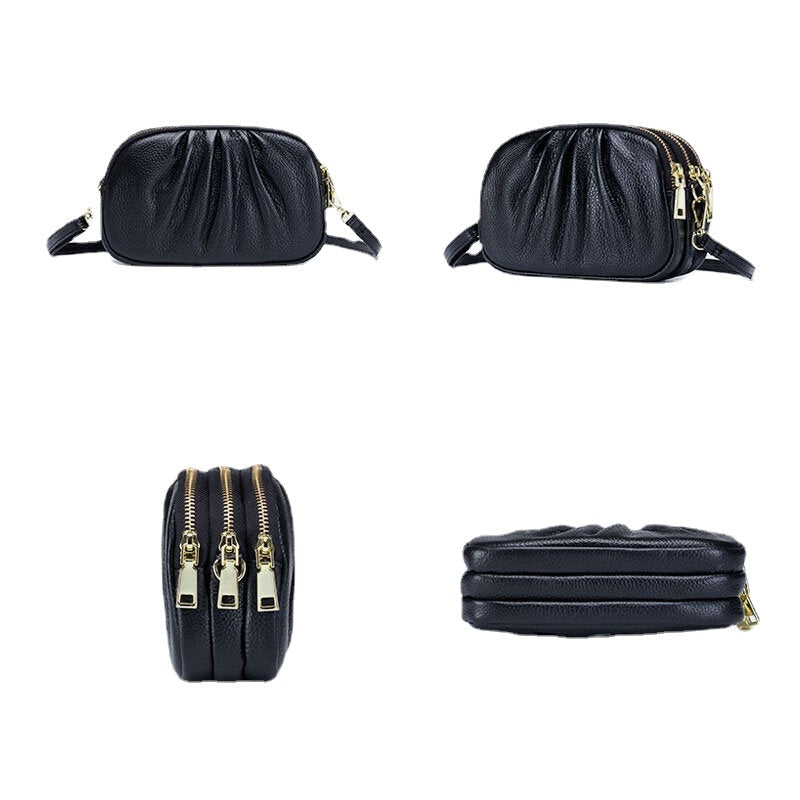 Women Genuine Leather 3 Zipper Pocket Fold Design Crossbody Bag Image 7