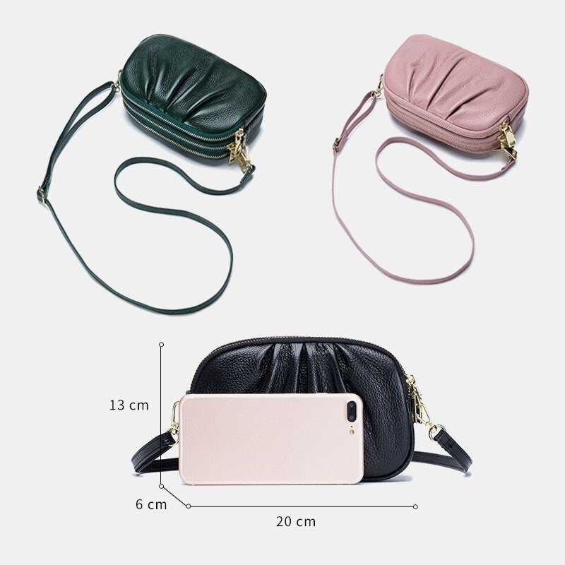 Women Genuine Leather 3 Zipper Pocket Fold Design Crossbody Bag Image 8