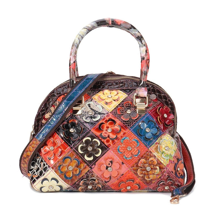 women genuine leather bohemian floral crossbody bags vintage patchwork shell handbag Image 6