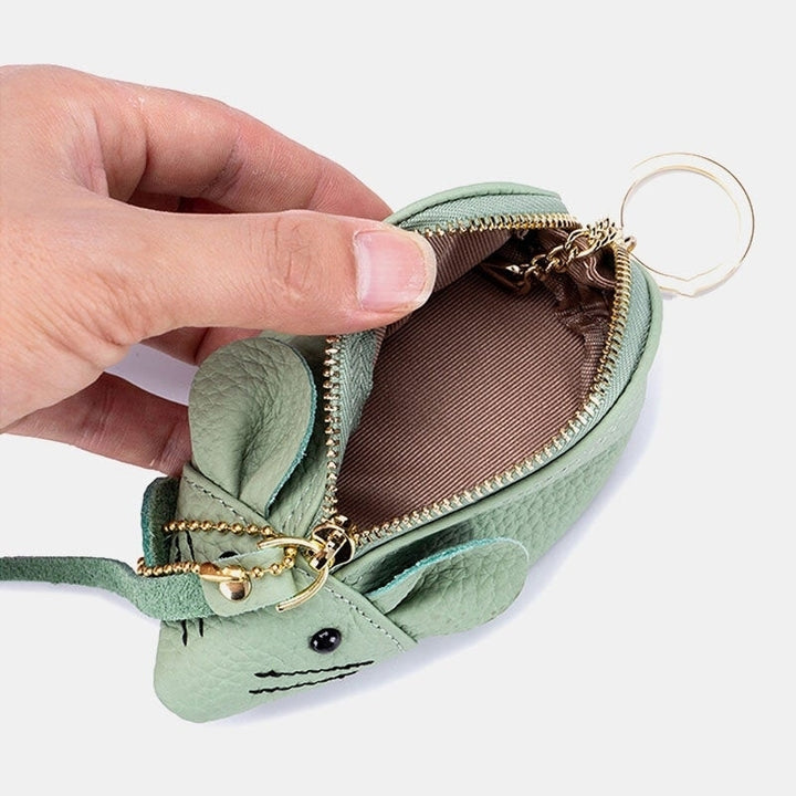 Women Genuine Leather Casual Cute Animal Mouse Pattern Mini Keychain Coin Storage Bag Image 2