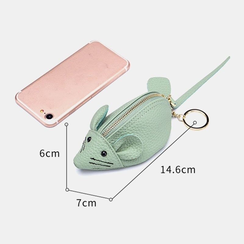 Women Genuine Leather Casual Cute Animal Mouse Pattern Mini Keychain Coin Storage Bag Image 4