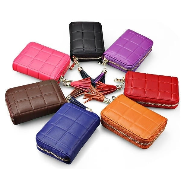Women Genuine Leather Quilted Card Holder Girls Tassel Zipper Short Wallet Coin Bags Image 1