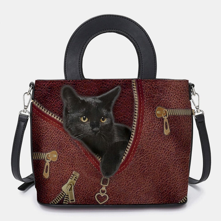 Women Faux Leather Cartoon Black Cat Pattern Multi-carry Handbag Crossbody Satchel Bag- PPT Image 1