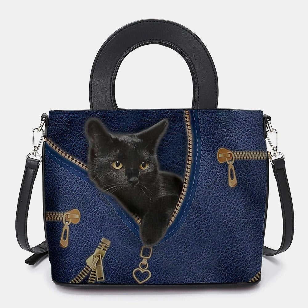 Women Faux Leather Cartoon Black Cat Pattern Multi-carry Handbag Crossbody Satchel Bag- PPT DTTT Image 2