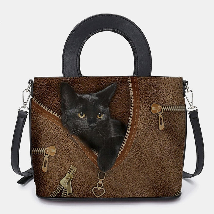 Women Faux Leather Cartoon Black Cat Pattern Multi-carry Handbag Crossbody Satchel Bag- PPT DTTT Image 1