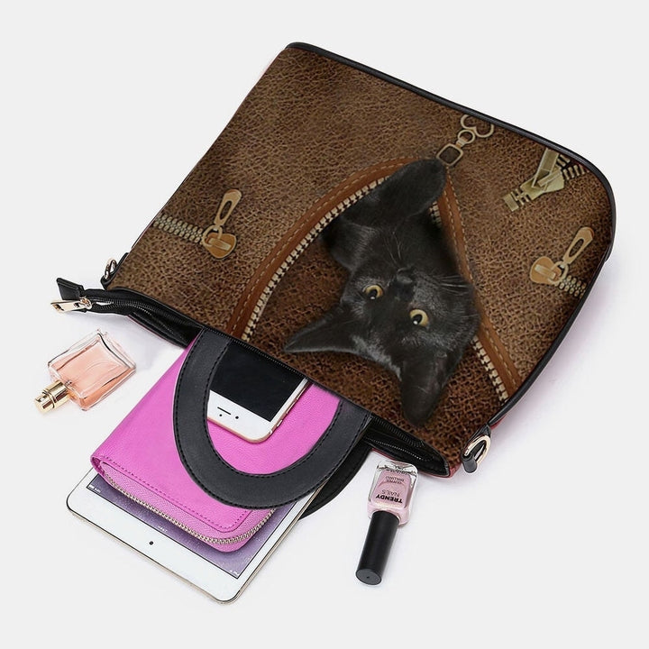 Women Faux Leather Cartoon Black Cat Pattern Multi-carry Handbag Crossbody Satchel Bag- PPT DTTT Image 4