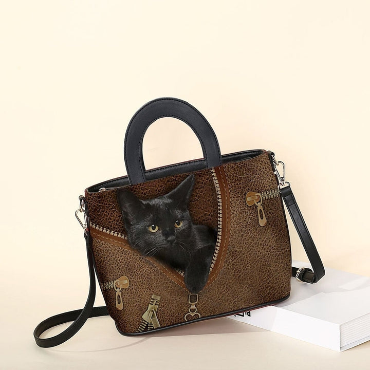 Women Faux Leather Cartoon Black Cat Pattern Multi-carry Handbag Crossbody Satchel Bag- PPT DTTT Image 7