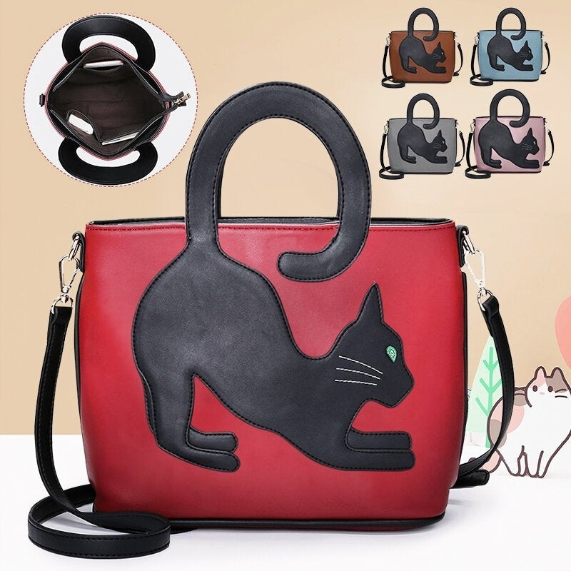 Women Faux Leather Cute Cat Pattern Casual Handbag Crossbody Bag DTTT Image 4