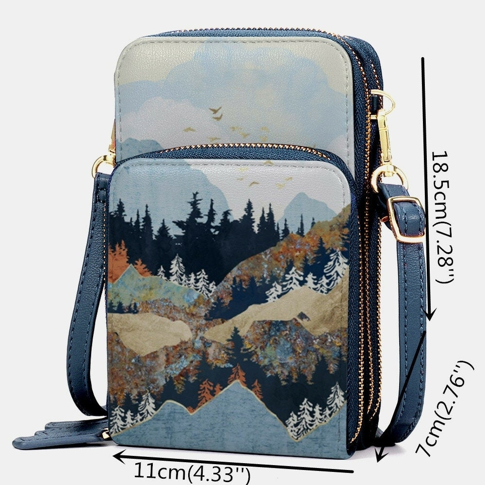 Women Faux Leather Ladies Mountain Treetop Print Bag 6.3 Inch Phone Bag Crossbody Bag DTTT Image 3