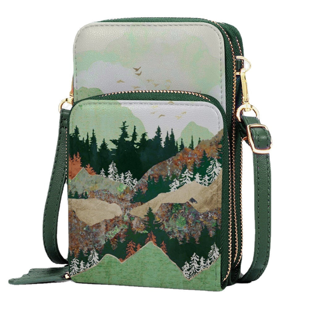 Women Faux Leather Ladies Mountain Treetop Print Bag 6.3 Inch Phone Bag Crossbody Bag DTTT Image 6