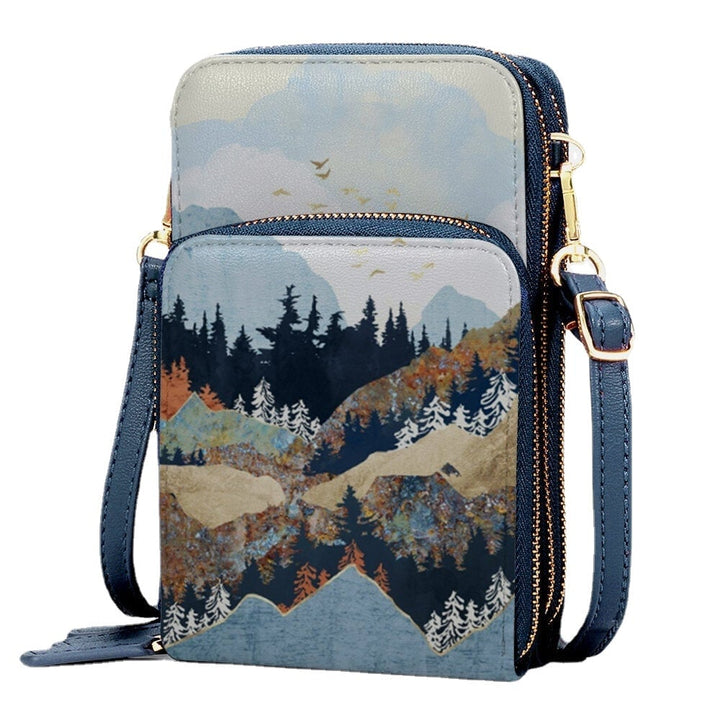 Women Faux Leather Ladies Mountain Treetop Print Bag 6.3 Inch Phone Bag Crossbody Bag DTTT Image 1