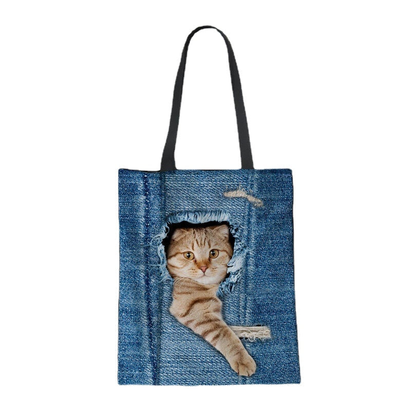 women canvas breaking hole denim 3d cute cat dog pattern outdoor handbag shoulder bag tote DTTT Image 2