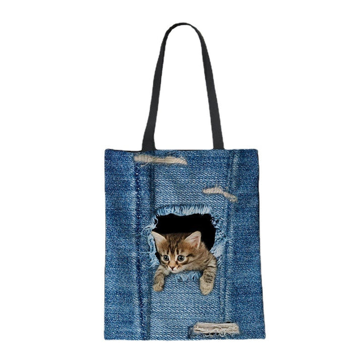 women canvas breaking hole denim 3d cute cat dog pattern outdoor handbag shoulder bag tote DTTT Image 3