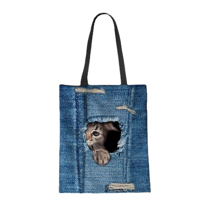 women canvas breaking hole denim 3d cute cat dog pattern outdoor handbag shoulder bag tote DTTT Image 4