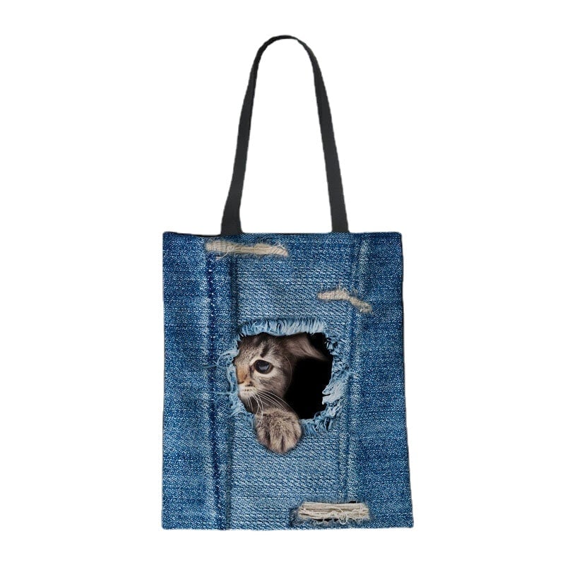 women canvas breaking hole denim 3d cute cat dog pattern outdoor handbag shoulder bag tote DTTT Image 1