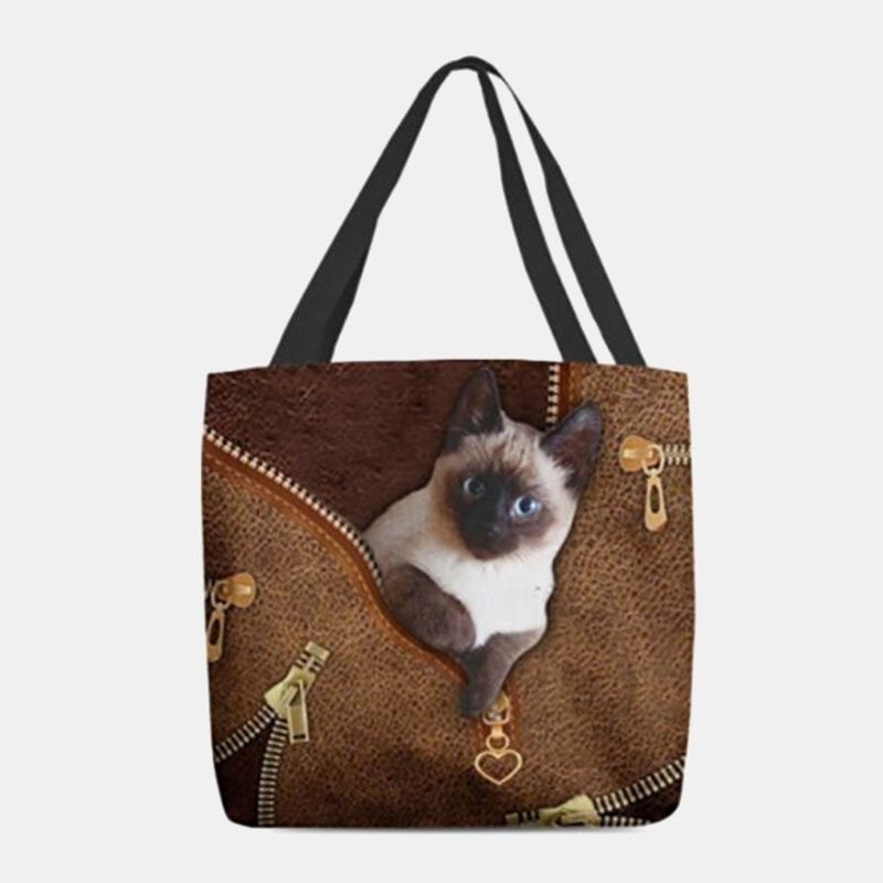 Women Canvas Cute 3D Three-dimensional Cat Pattern Casual Shoulder Bag Handbag Tote- PPT DTTT Image 1