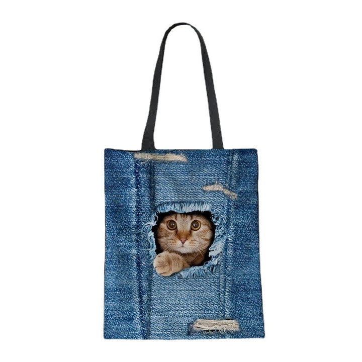 women canvas breaking hole denim 3d cute cat dog pattern outdoor handbag shoulder bag tote DTTT Image 4